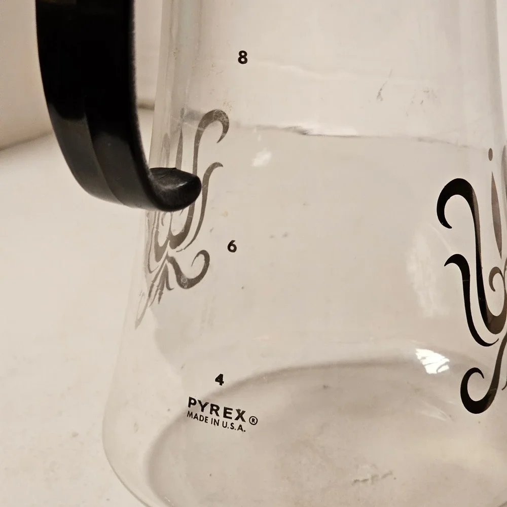 Vintage Pyrex 8 Cup Glass Carafe Coffee Server Black Scroll Medallion MCM USA